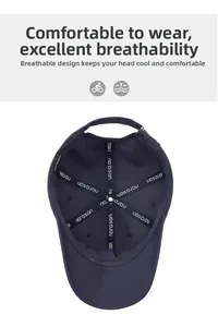 Internal view of navy baseball cap featuring breathable panels and reinforced seams