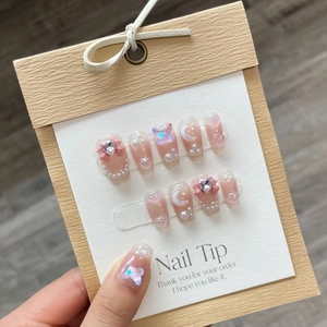 Handmade Press On Nails Pink Nude Gradient Coffin Shape 3D Butterfly Heart Rhinestone Faux Artificial Pearls Sweet Elegant