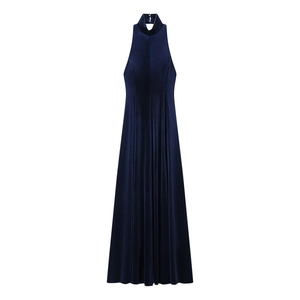 Elegant dark blue velvet halter neck maxi dress with smooth texture and high sheen