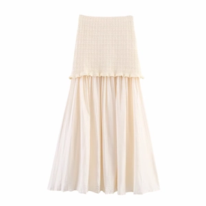 Detail of high waist pleated maxi skirt with ribbed knit and cream chiffon patchwork