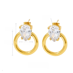 Detail of gold hoop earrings featuring pear-cut zircon stones with size dimensions