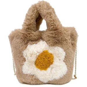 Plush faux fur tote bag in beige with large white flower pattern and gold chain strap