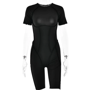 Detailed back view of a slim fit black short sleeve romper featuring an open back design