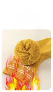 Detail of ginger yellow terry cotton socks showing thick warm inner lining and lettering