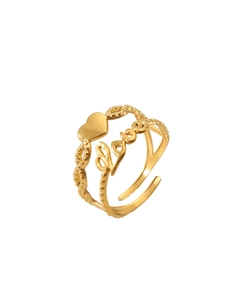 Detail of adjustable 18k gold plated stainless steel double layer ring with Love and heart