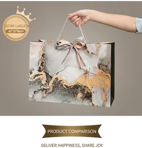 Extra large marble texture paper gift bag with silk bow and grey nylon handles 42x15x30cm