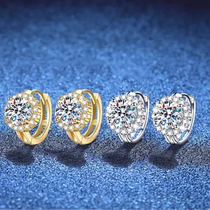 925 Sterling Silver Moissanite Hoop Earrings Round Halo Huggie Dainty Jewelry For Women Elegant Sparkling