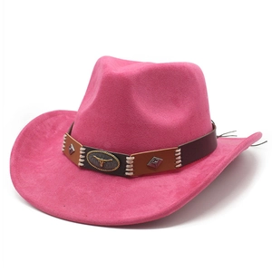 Detail of rose pink suede cowboy hat with brown leather band and bull head ornament