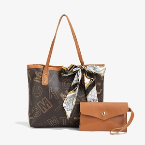 Brown monogram large tote bag set with matching small pouch and decorative silk scarf