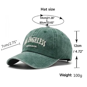 Deep green washed cotton baseball cap with Los Angeles embroidery and size dimensions