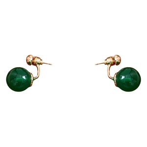 Elegant gold earrings with dark green spherical charms on minimalist metal hooks