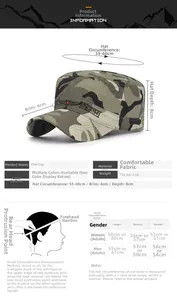 Size chart for camouflage flat top hat with head circumference measurement guidelines