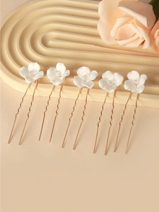 Detailed set of 5 white ceramic flower hair pins with crystals and golden U-shaped stems