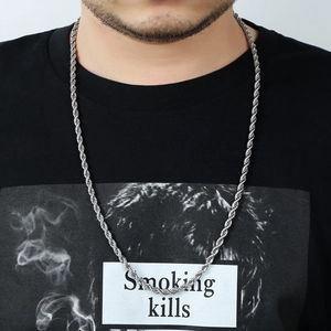 Polished silver stainless steel rope chain necklace on male model with black t-shirt