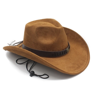 Close-up of suede cowboy hat with bronze bull head emblem and leather strap detail