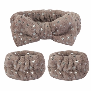 Three-piece light brown plush headband and wristband set with silver star foil patterns
