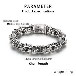 Detailed macro view of vintage gothic skull links and clasp on stainless steel bracelet