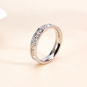 Polished silver titanium steel ring with rows of sparkling cubic zirconia diamonds