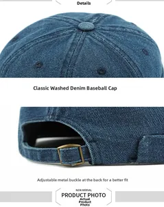 Dettaglio del cappello docker in denim blu con cuciture a sei pannelli e fibbia in metallo