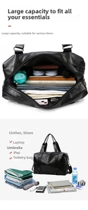 Large PU leather travel bag interior showing spacious compartments and storage capacity
