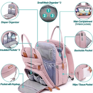 Detail view of pink diaper bag interior with insulated pockets and multi-compartment storage