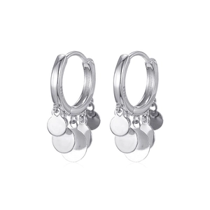 Elegant S925 sterling silver hoop earrings with polished round disc tassels on white background