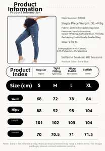 Detailed maternity jeans size chart showing measurements for S to XL in navy blue denim
