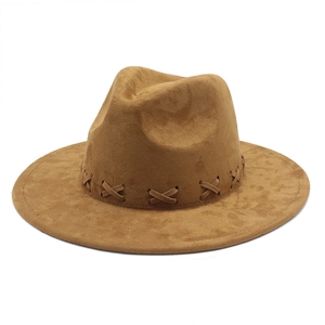 Wide Flat Brim Fedora Hat Faux Suede Western Vintage Jazz Cap With Cross Stitch Band For Women Men