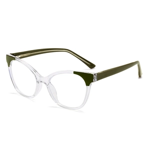 Cat-eye anti-blue light glasses with transparent frame and olive green temples