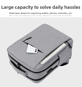 Detail view of large gray business backpack with multi-layer pockets for phone and tablet