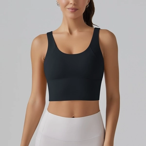 Front view of black U-neck high-elastic sports bra with wide straps for fitness