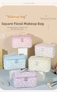 Detail view of floral quilted makeup bags with star zipper pulls in five pastel colors