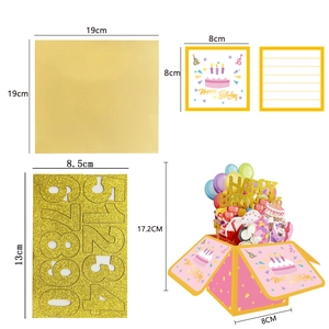 Detailed set of 3D pop-up birthday card with envelope, mini card and number stickers
