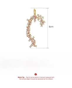Detail showing 5cm gold leaf ear cuff with cubic zirconia and dimension specifications
