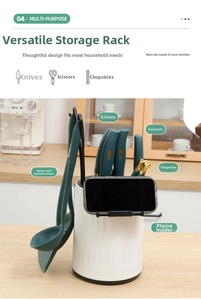 Rotating kitchen utensil holder with dedicated slots for knives, scissors and mobile stand