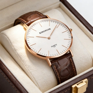 Detailed close-up of Kingnuos quartz watch with brown leather strap and rose gold case