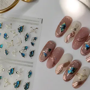 5D embossed nail art stickers with blue laser butterflies and gold metallic edges