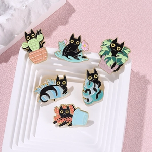 Cartoon black cat enamel pins set with green plants for clothes and bags decoration