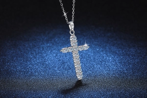 Detailed macro view of S925 sterling silver cross pendant with sparkling moissanite stones