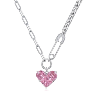 Silver-tone paperclip necklace with a pink heart pendant and asymmetric chain design