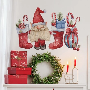 Christmas Wall Stickers Gnome Santa Stockings Candy Cane Removable PVC Decals For Bedroom Window Glass Decor