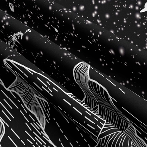 Close-up of black starry night fabric showing intricate mountain patterns and texture