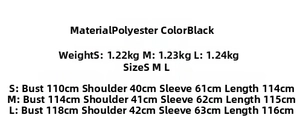 Detailed size chart for black long coat with fur collar showing measurements and weight