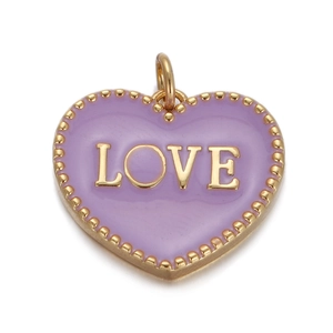 Detailed view of heart pendant with lilac enamel and golden LOVE inscription