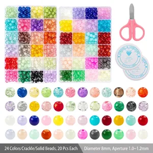 24-grid DIY jewelry kit with 8mm crackle glass beads, scissors and elastic cords