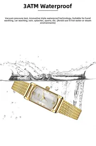 Detailed view of women's gold rectangular watch showing 3ATM water resistance in splashing water