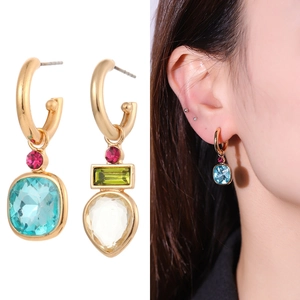 Asymmetric gold plated hoop earrings with colorful faceted crystals for women