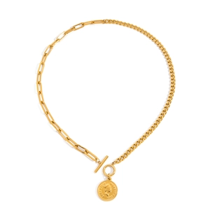Gold coin pendant necklace with toggle clasp and asymmetric stainless steel chain