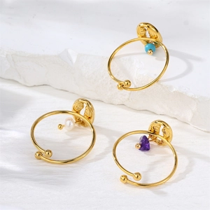 18k gold plated stainless steel open rings with shell charms and natural stones