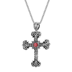 Baroque silver titanium steel cross necklace with a red gemstone on a white background